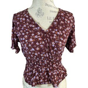 Hippie Rose Floral Smocked Peplum Top – Maroon with Lavender Accents - M